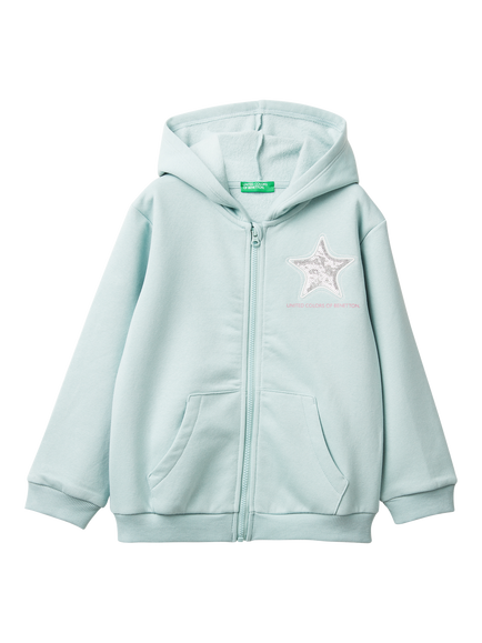Benetton Kids' Cotton Blend Zipped Hoodie, Green, Green