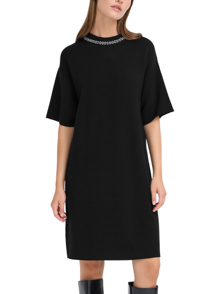 ICHI Dorise Round Neck Knitted A-Line Dress, Black