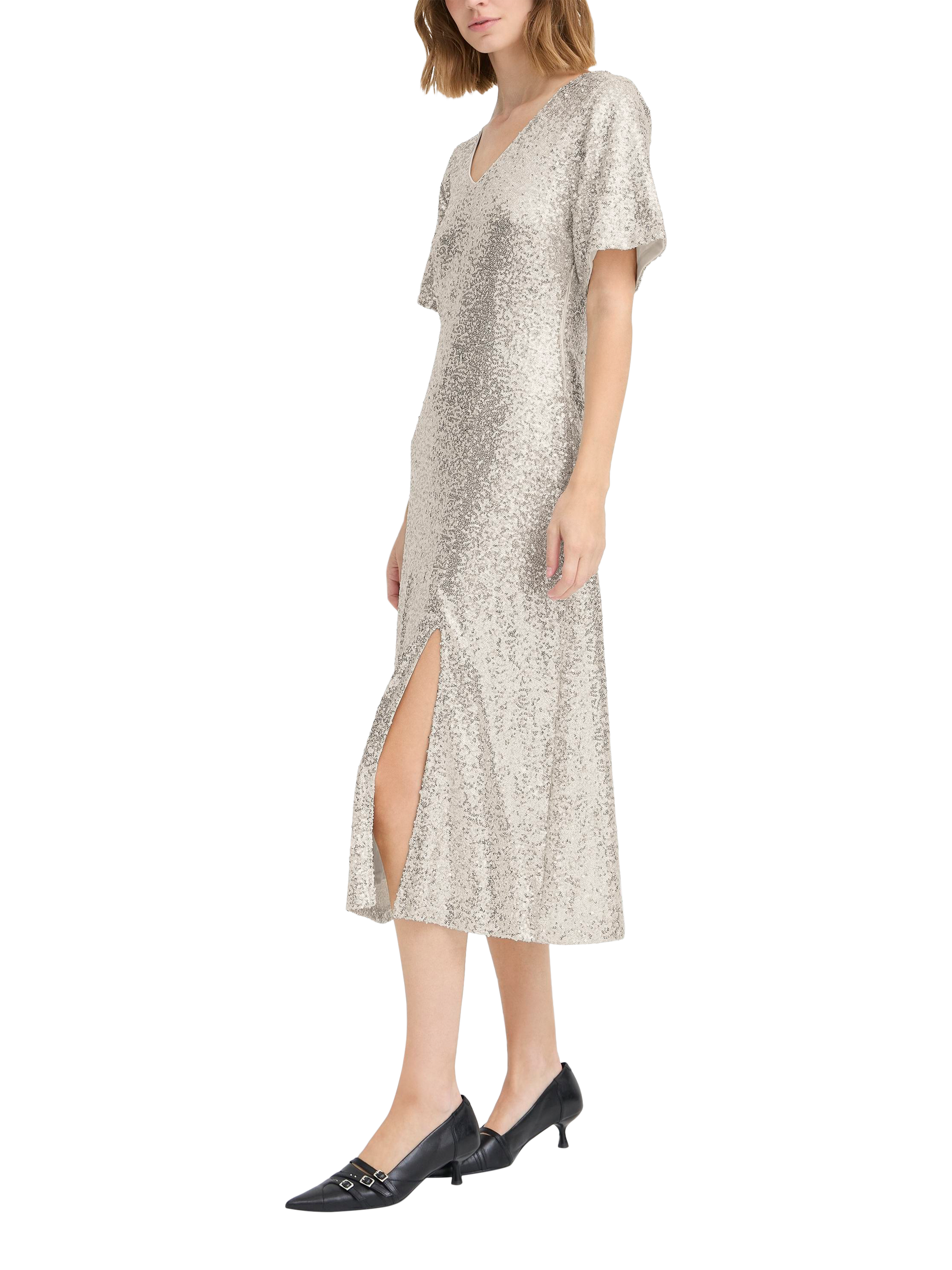 Product image 1 of 7, which shows ICHI Fauca Sequin A-Line Midi Dress , Frosted Almond, XS
