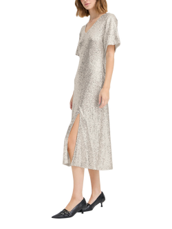 ICHI Fauca Sequin A-Line Midi Dress, Frosted Almond