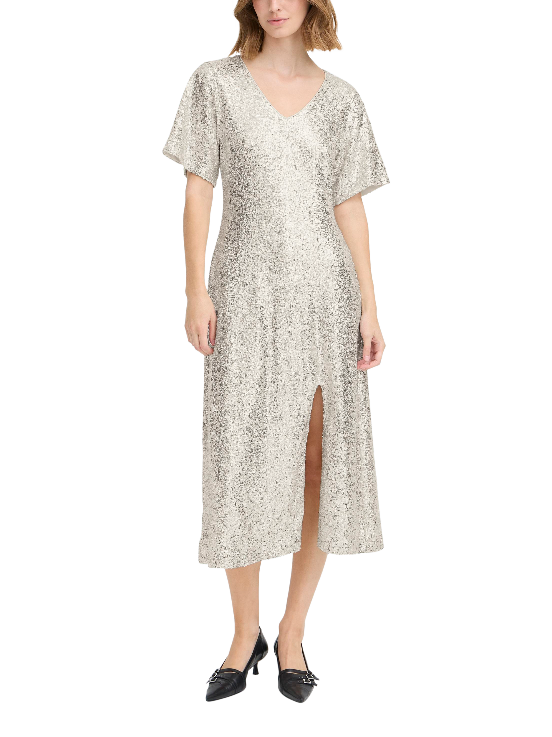 Product image 3 of 7, which shows ICHI Fauca Sequin A-Line Midi Dress , Frosted Almond, XS