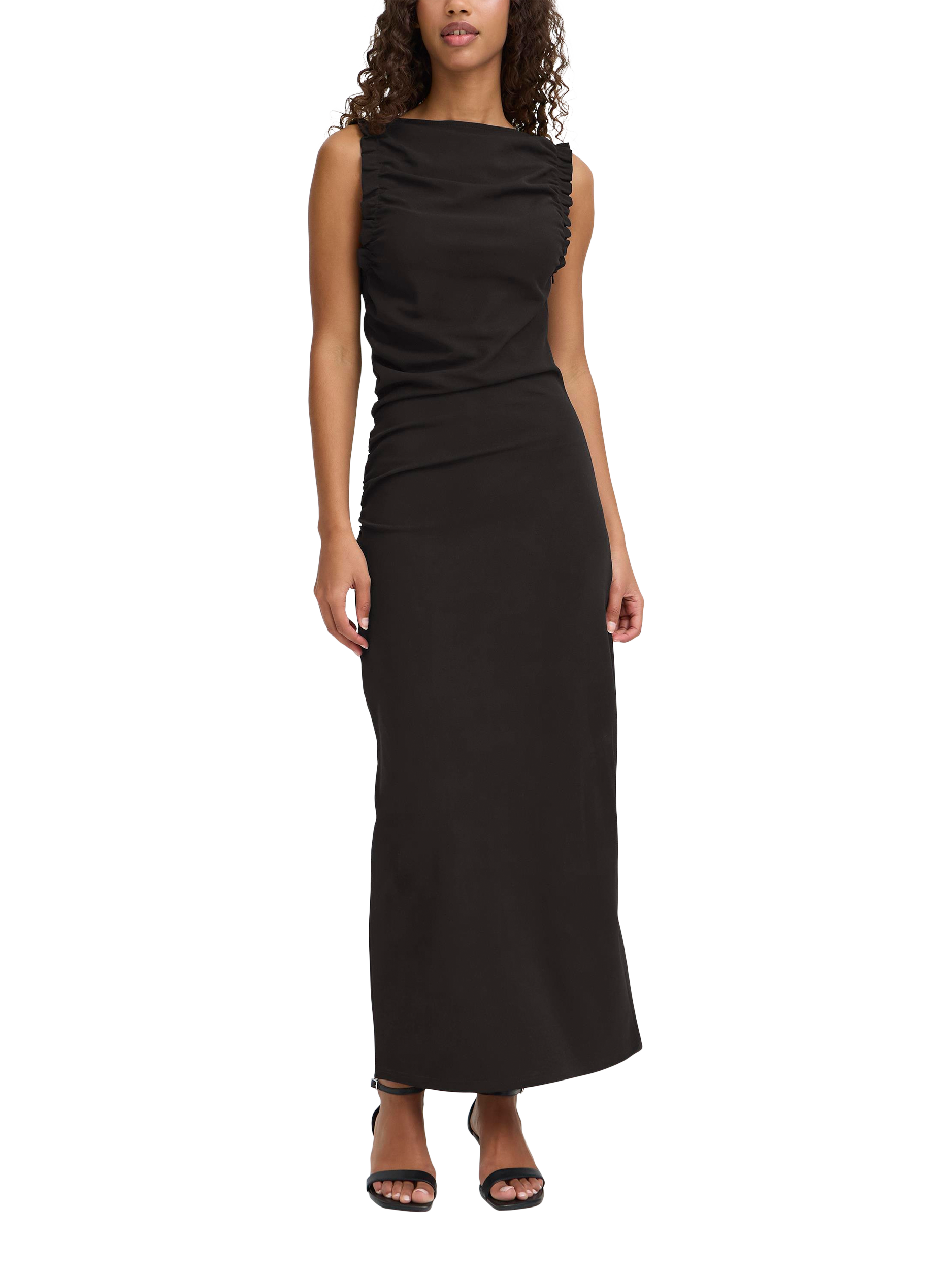 Product image 3 of 7, which shows ICHI Matine Slash Neck Ruched Maxi Dress , Black, XS