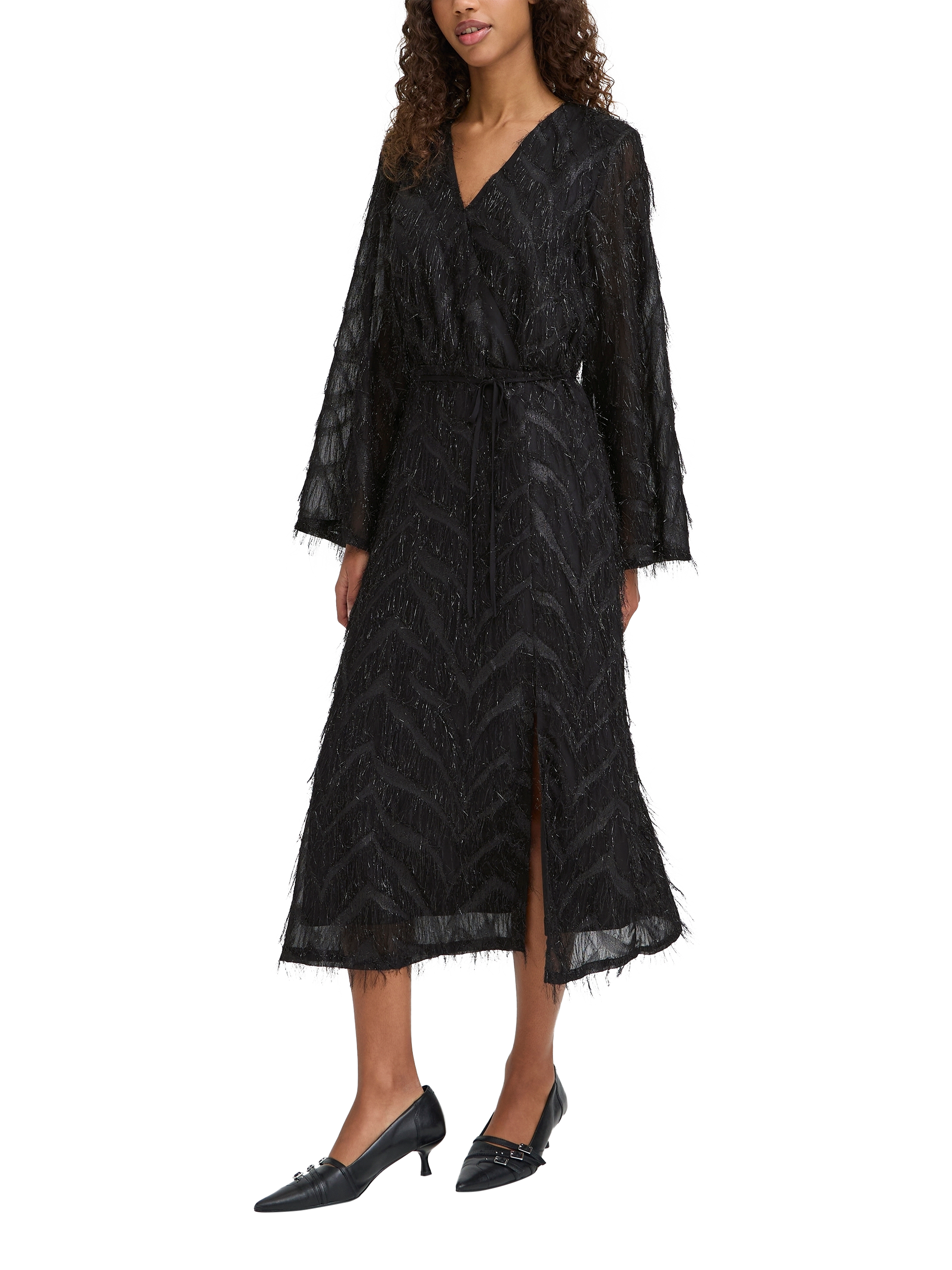 Product image 1 of 7, which shows ICHI Chici Shimmer Wrap Midi Dress, Black, 8