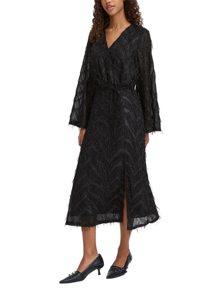 ICHI Chici Shimmer Wrap Midi Dress, Black, Black