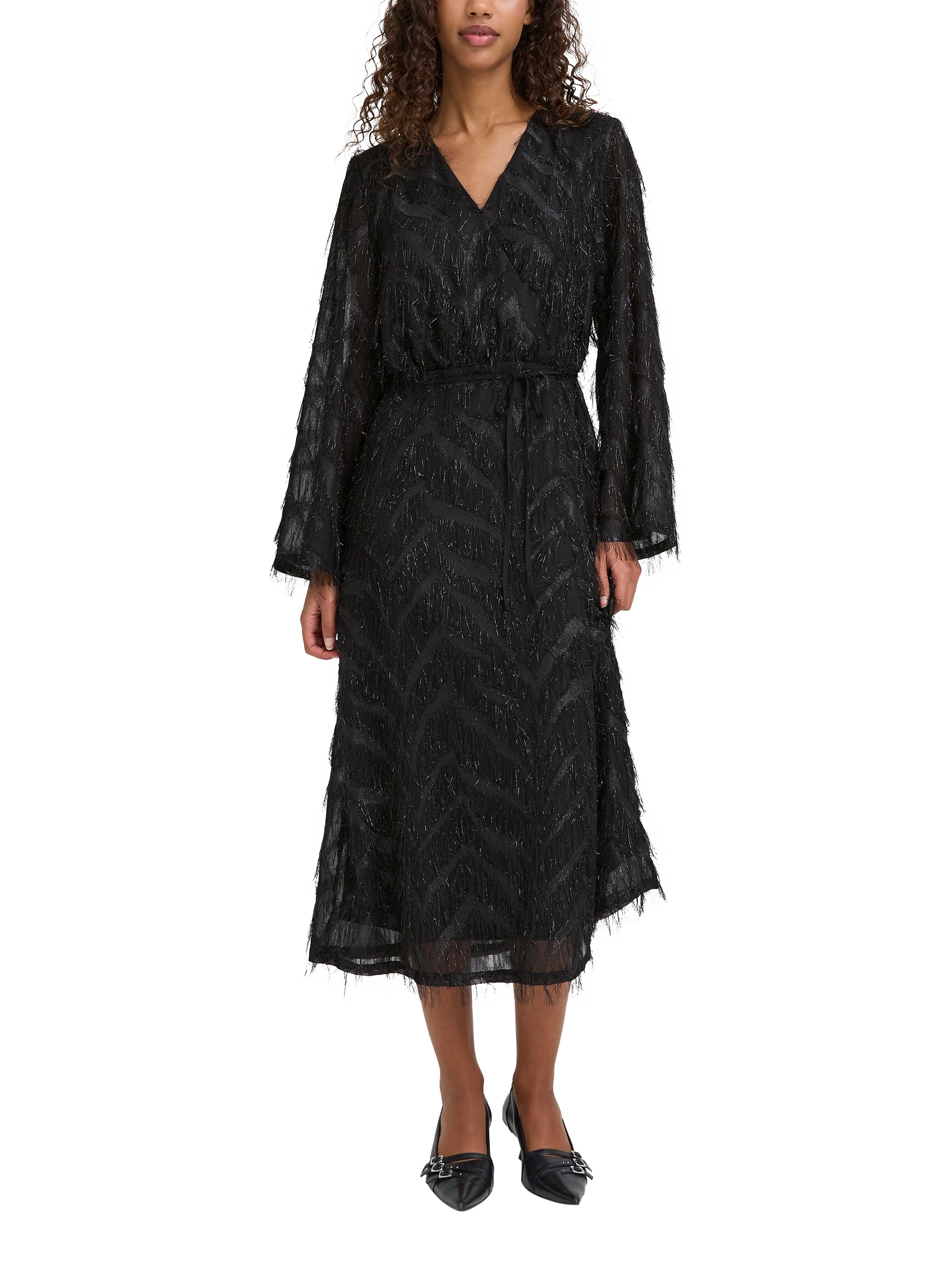 Product image 3 of 7, which shows ICHI Chici Shimmer Wrap Midi Dress, Black, 8