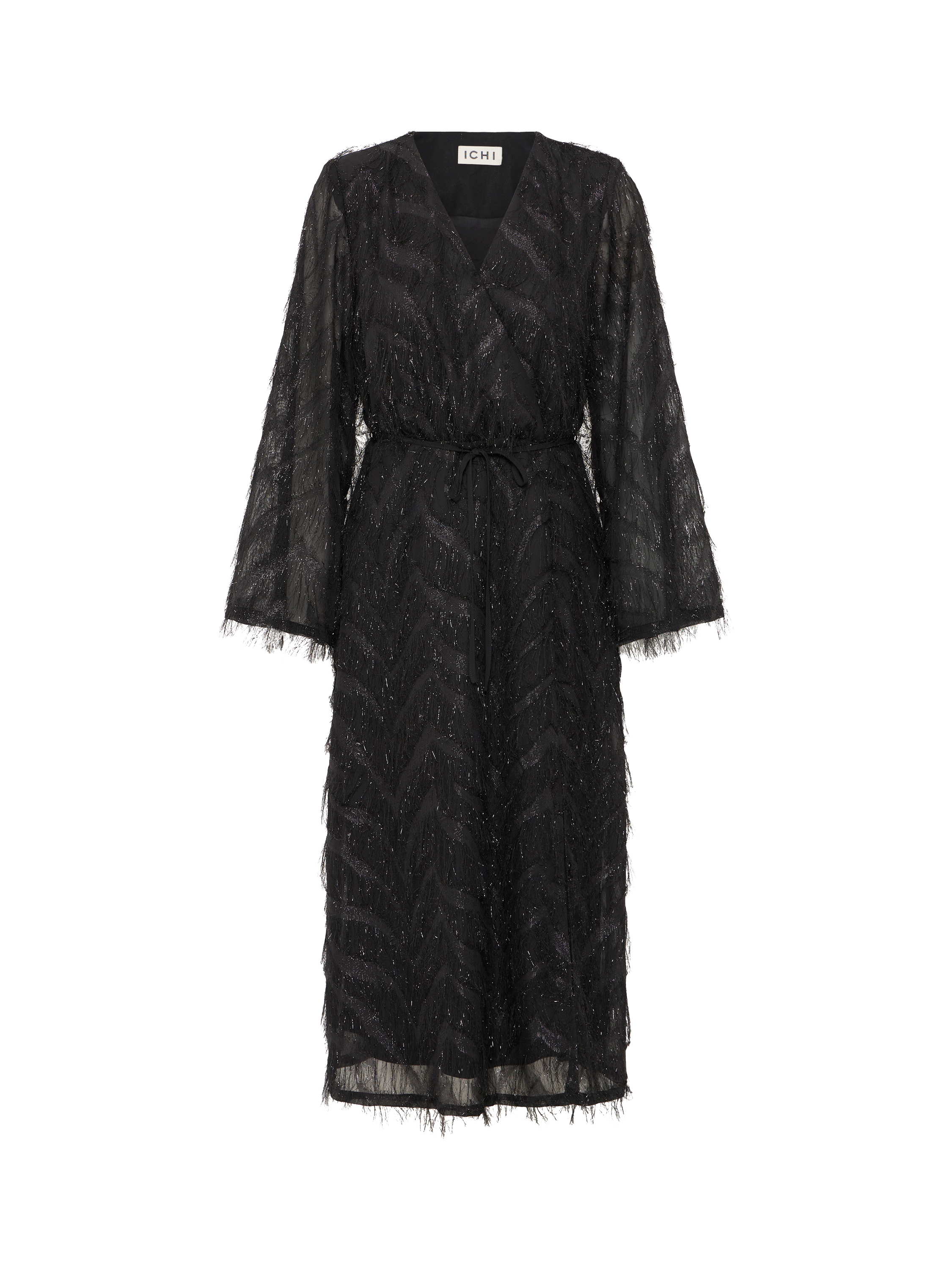 Product image 5 of 7, which shows ICHI Chici Shimmer Wrap Midi Dress, Black, 8