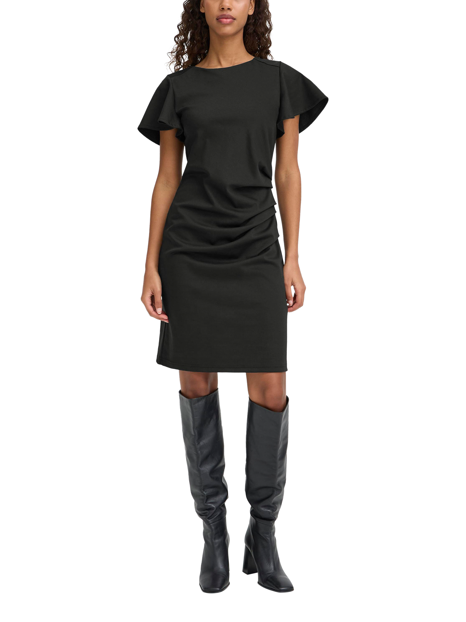 Product image 3 of 7, which shows ICHI Kate Ruched Round Neck Mini Dress , Black, XS