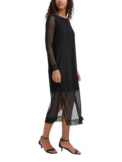 ICHI Laccy Pleated Shimmer Midi Dress, Black, Black