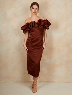 Chi Chi London Puff Sleeve Ruffle Midi Dress, Brown Chocolate