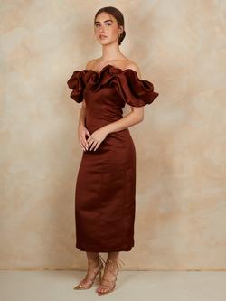 Chi Chi London Puff Sleeve Ruffle Midi Dress - view 2, Brown Chocolate