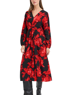 ICHI Lysine Floral Print A-Line Midi Dress, Red
