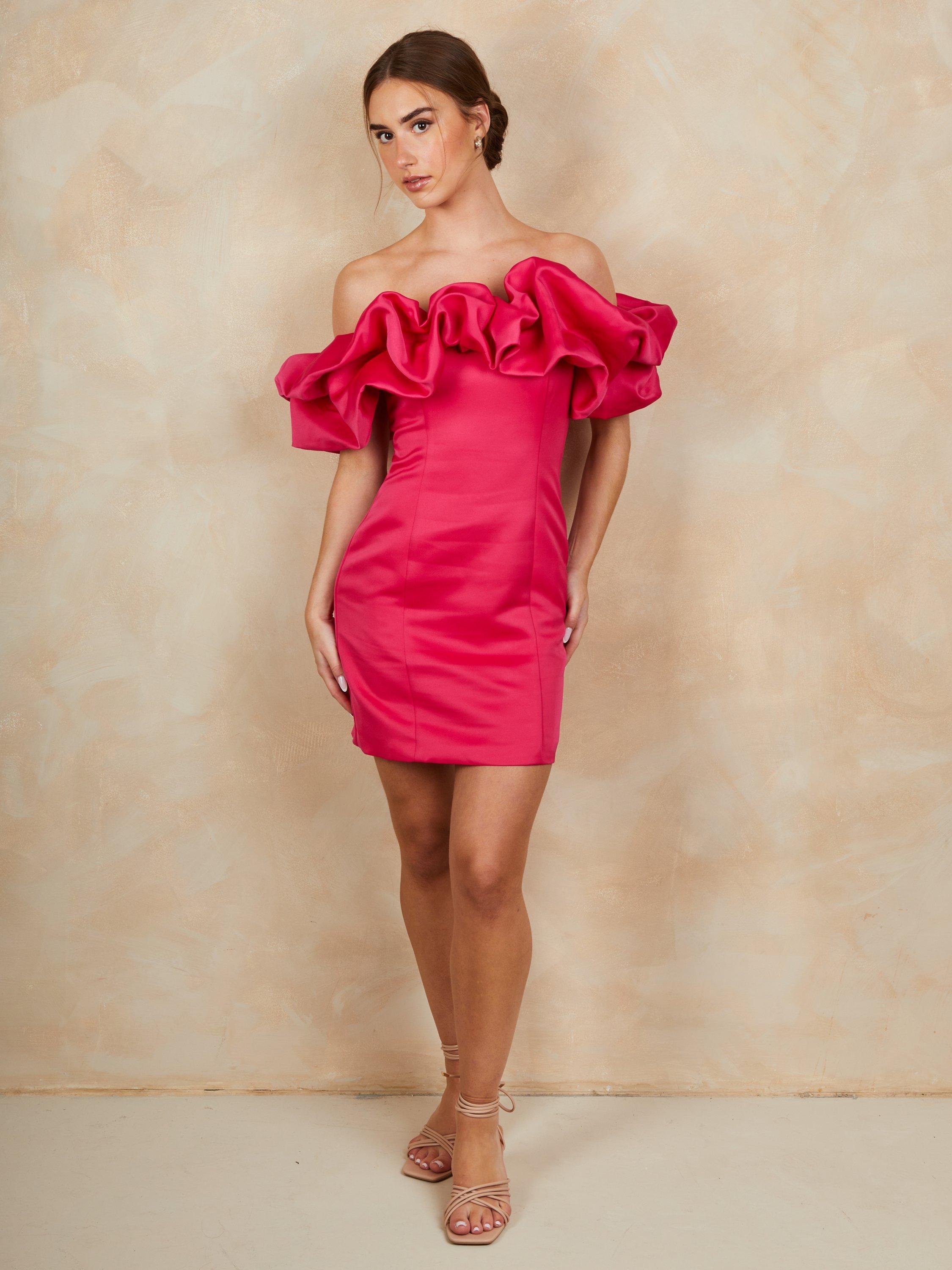 Product image 1 of 3, which shows Chi Chi London Puff Sleeve Ruffle Mini Dress, Pink Magenta, 6