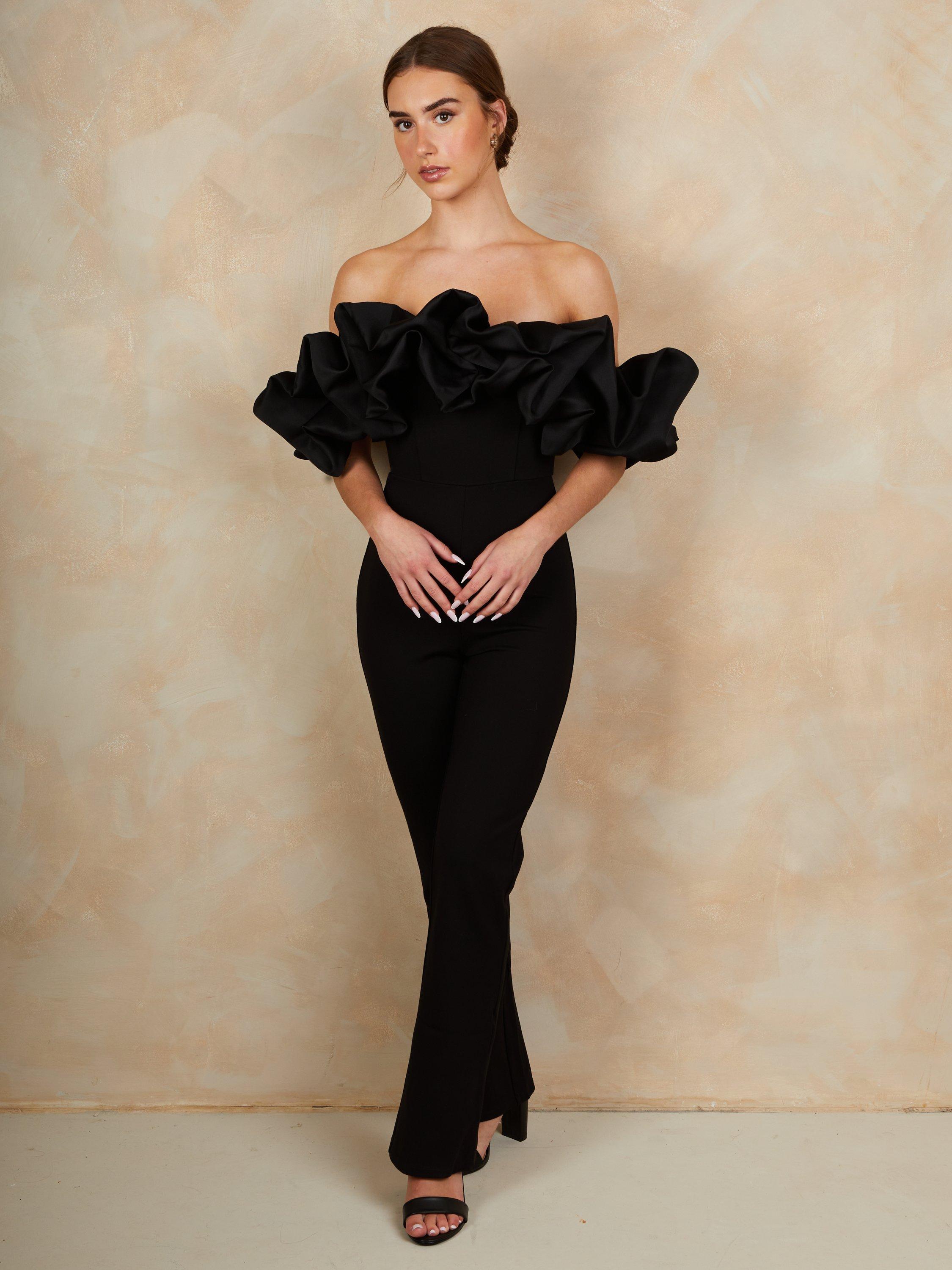 Product image 1 of 3, which shows Chi Chi London Ruffle Bardot Jumpsuit, Black, 6