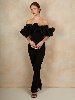 Chi Chi London Ruffle Bardot Jumpsuit, Black, Black