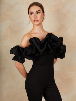 Chi Chi London Ruffle Bardot Jumpsuit, Black - view 2, Black
