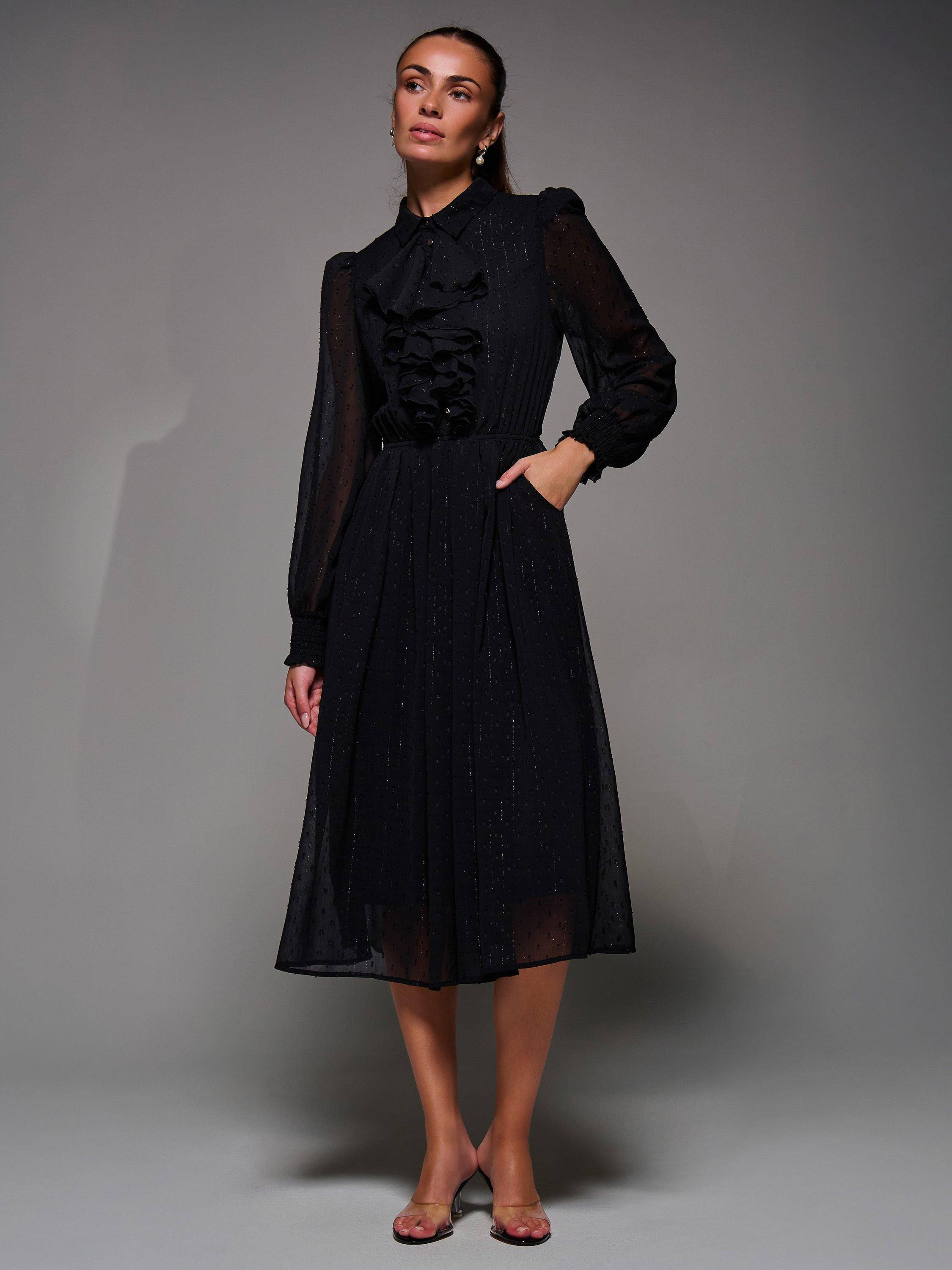 Product image 1 of 6, which shows Jolie Moi Ruffle Midi Shirt Dress, Black, 8