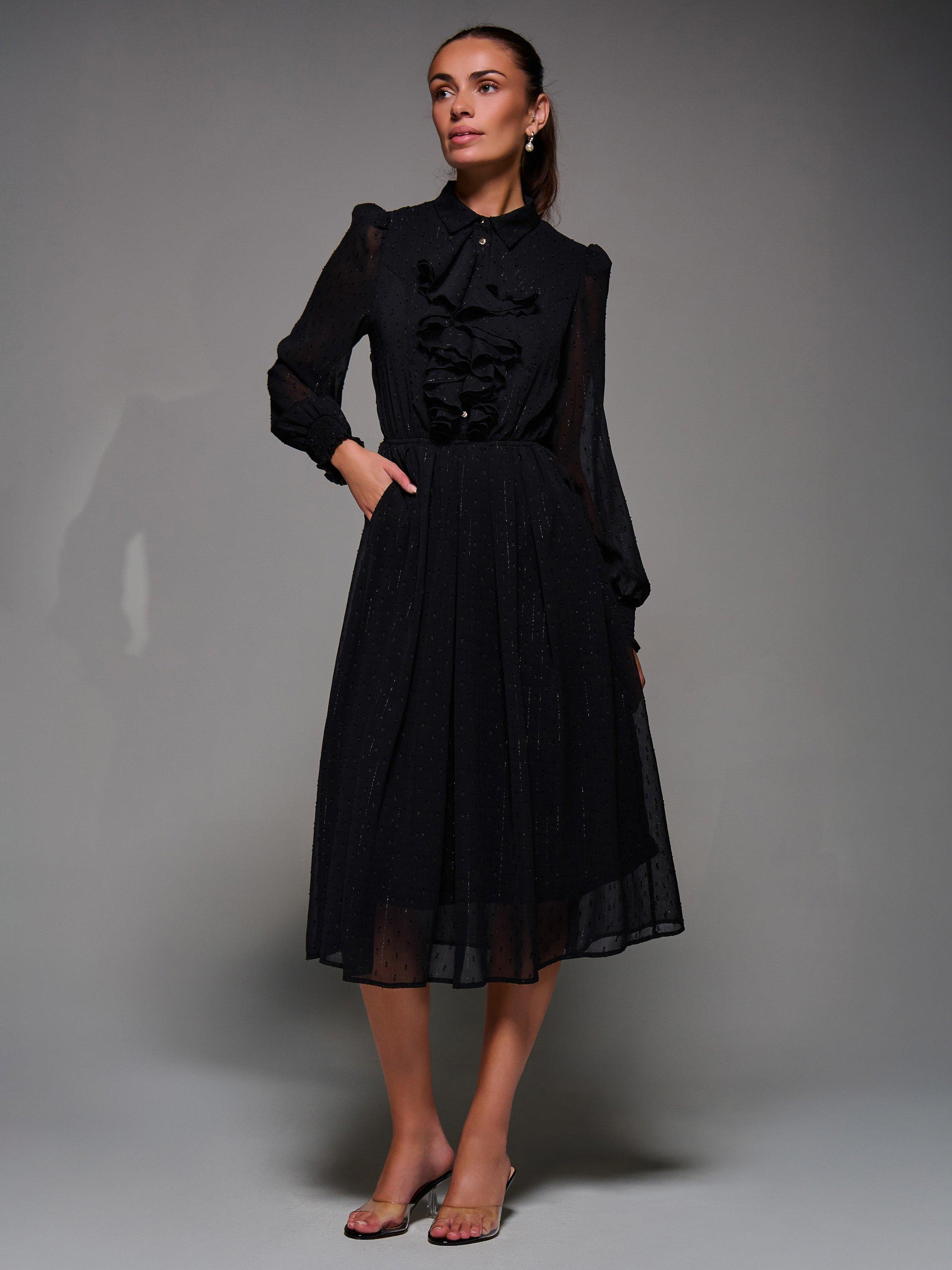 Product image 3 of 6, which shows Jolie Moi Ruffle Midi Shirt Dress, Black, 8