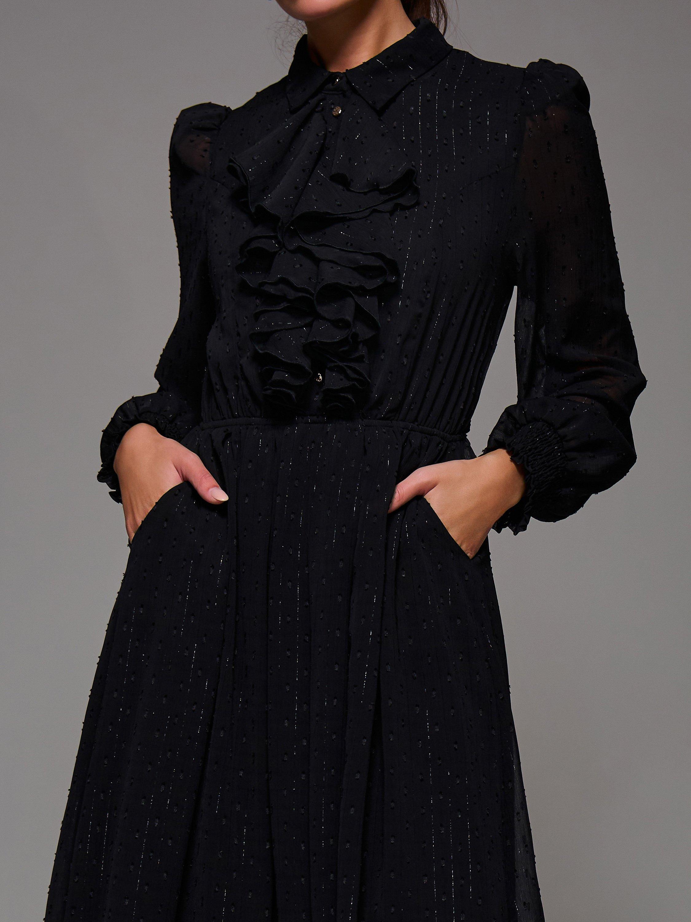 Product image 4 of 6, which shows Jolie Moi Ruffle Midi Shirt Dress, Black, 8