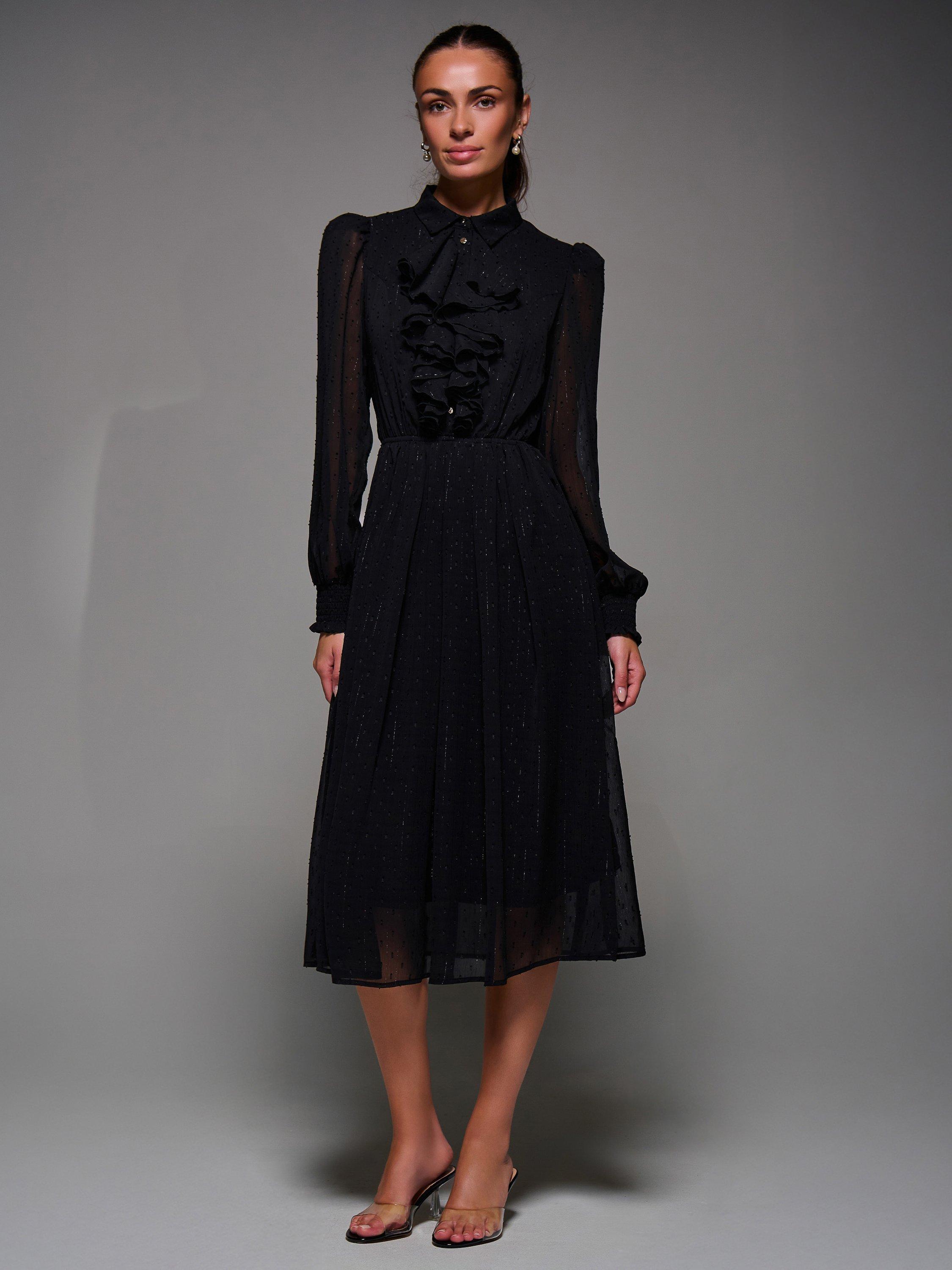 Product image 5 of 6, which shows Jolie Moi Ruffle Midi Shirt Dress, Black, 8