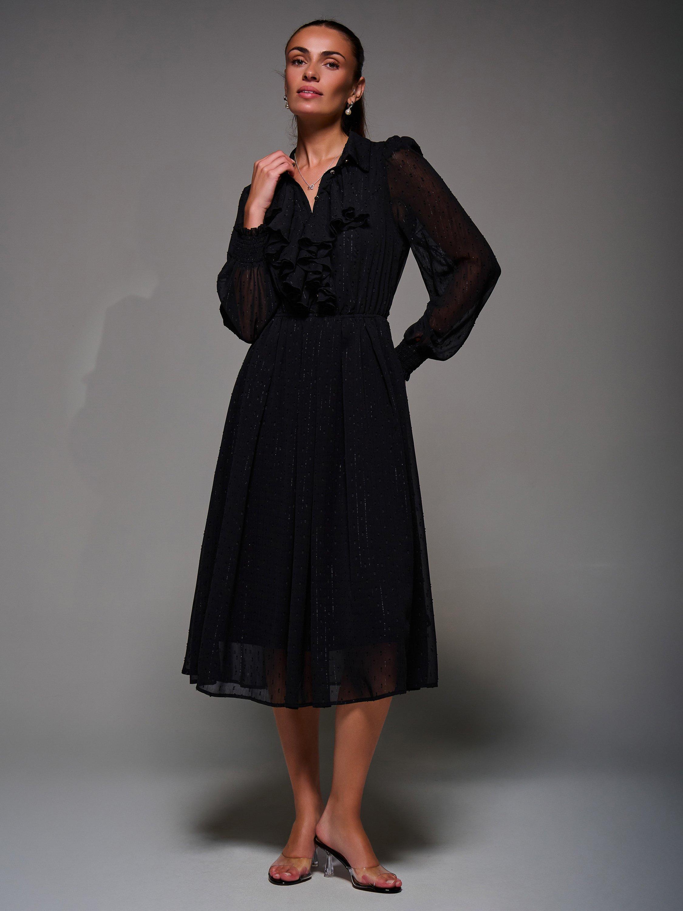 Product image 6 of 6, which shows Jolie Moi Ruffle Midi Shirt Dress, Black, 8