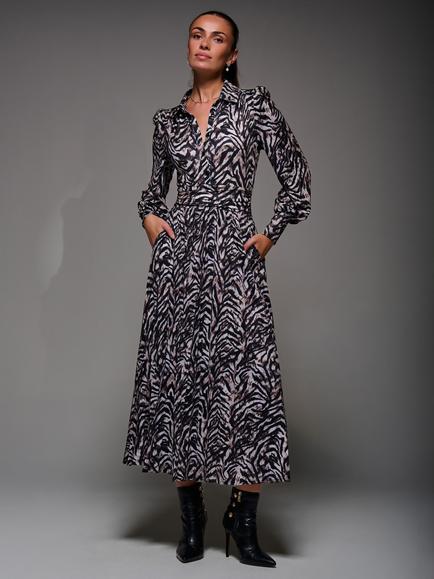 Jolie Moi Animal Print Long Sleeve Jersey Pleated Maxi Dress, Black Multi
