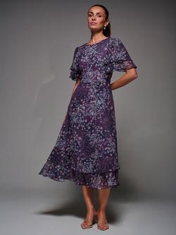 Jolie Moi Floral Frill Chiffon Short Sleeve Maxi Dress, Purple Abstract