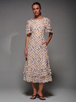 Jolie Moi Floral Polka Dot Frill Chiffon Short Sleeve Maxi Dress, Beige Spot