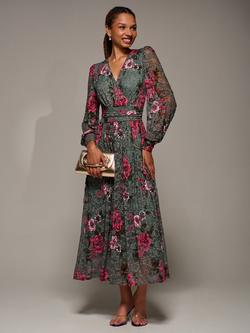Jolie Moi Floral Lace Long Sleeve Maxi Dress, Green Floral