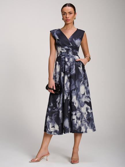 Jolie Moi Floral Sleeveless V Neck Flare Maxi Dress, Black Abstract