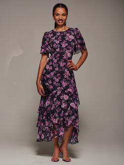 Jolie Moi Floral Polka Dot Short Sleeve Ruffle Chiffon Maxi Dress, Navy Floral