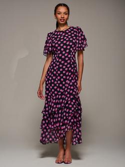 Jolie Moi Short Sleeve Ruffle Chiffon Maxi Dress, Black Spot, Black Spot