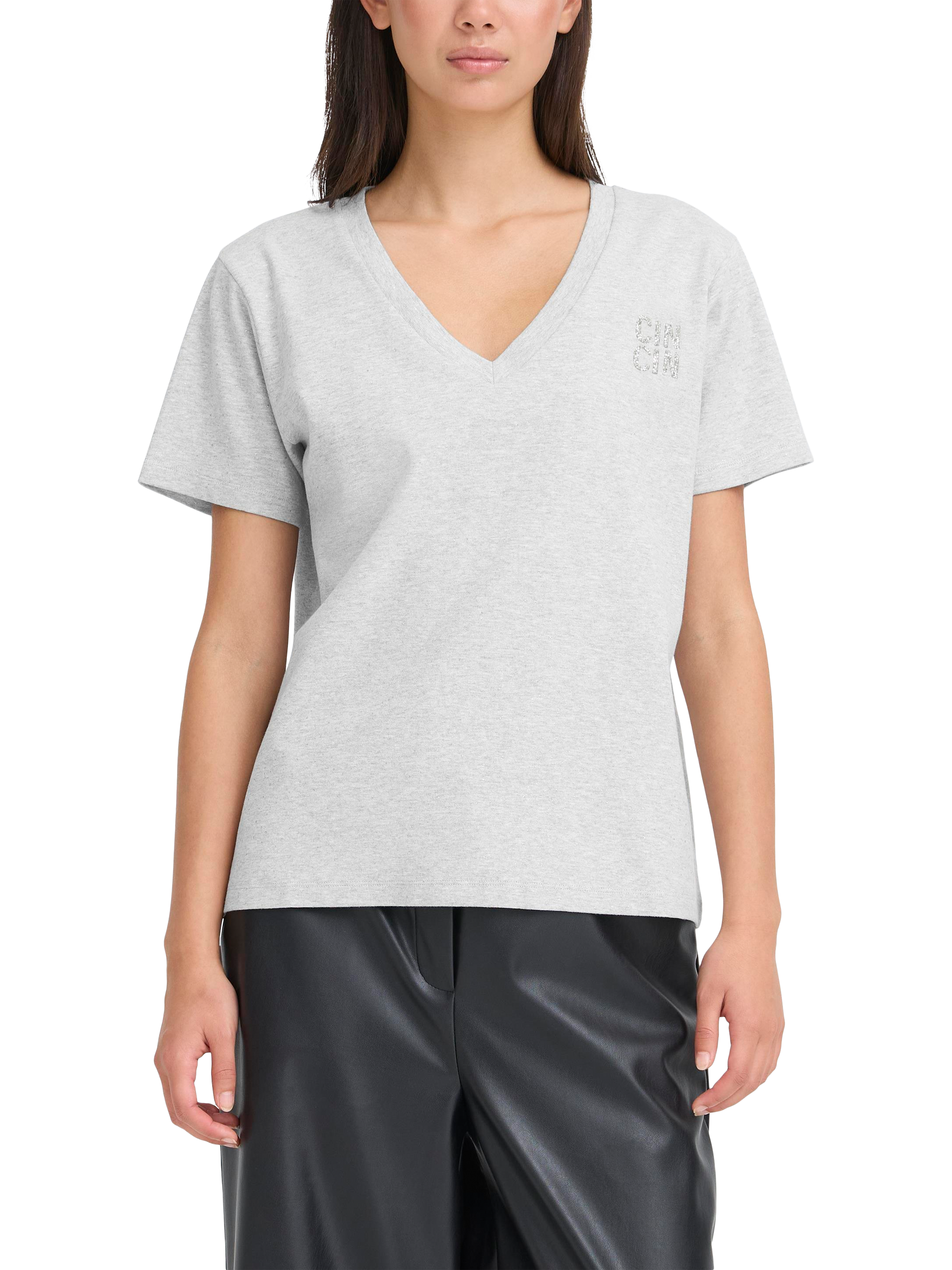 Product image 1 of 6, which shows ICHI Glitz V-Neck Embellished T-Shirt, Grey Melange, XS