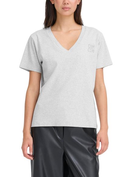 ICHI Glitz V-Neck Embellished T-Shirt, Grey Melange, Grey Melange