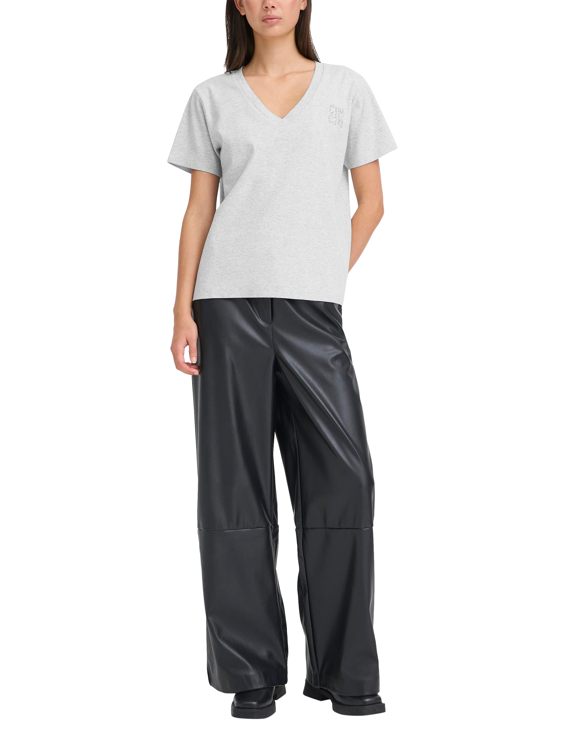 Product image 3 of 6, which shows ICHI Glitz V-Neck Embellished T-Shirt, Grey Melange, XS