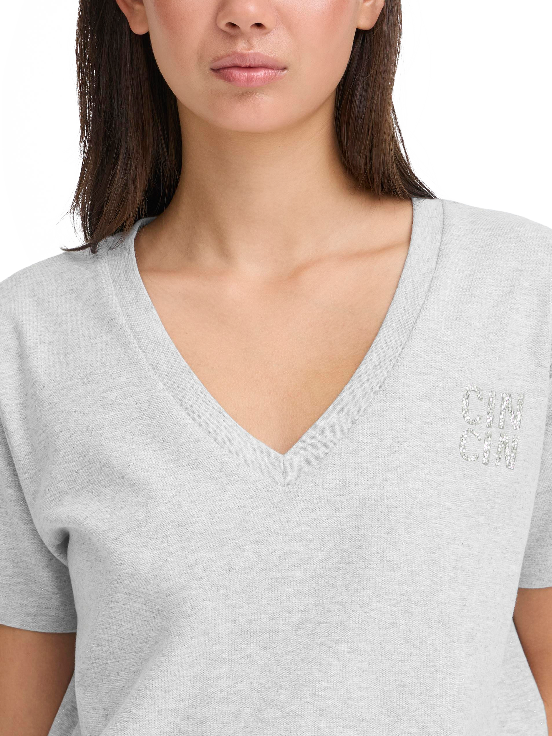 Product image 4 of 6, which shows ICHI Glitz V-Neck Embellished T-Shirt, Grey Melange, XS