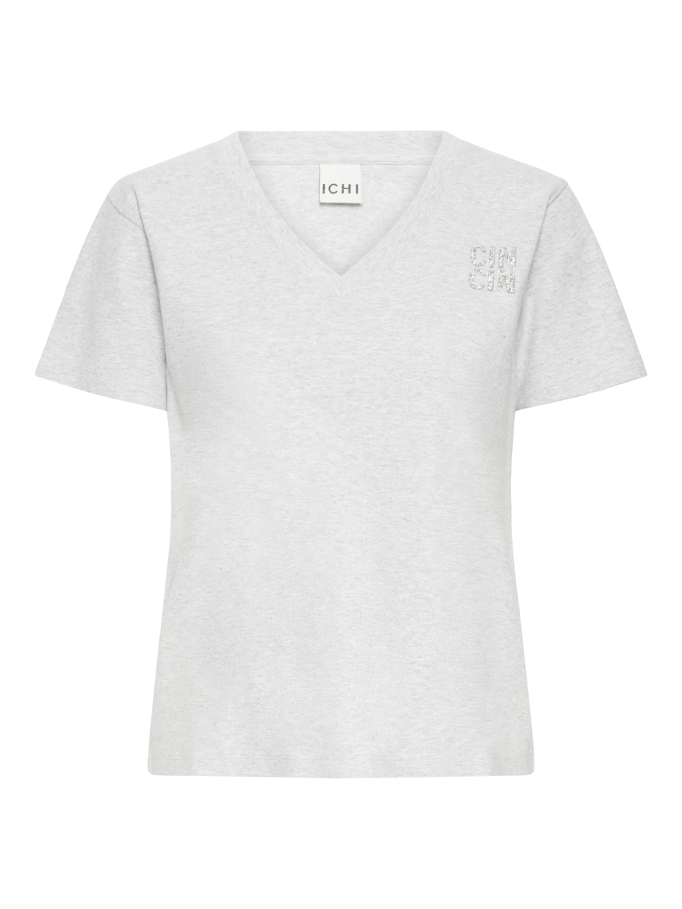 Product image 5 of 6, which shows ICHI Glitz V-Neck Embellished T-Shirt, Grey Melange, XS