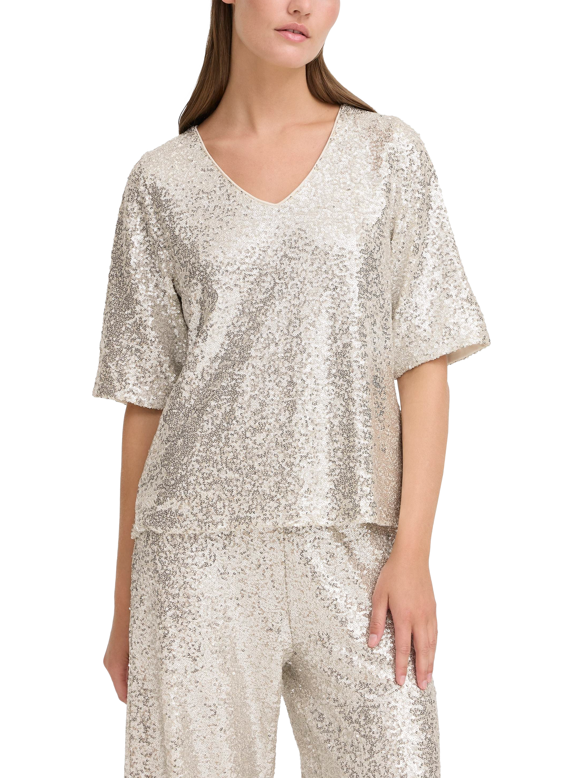 Product image 1 of 7, which shows ICHI Fauca Sequin V-Neck Top , Frosted Almond, XS