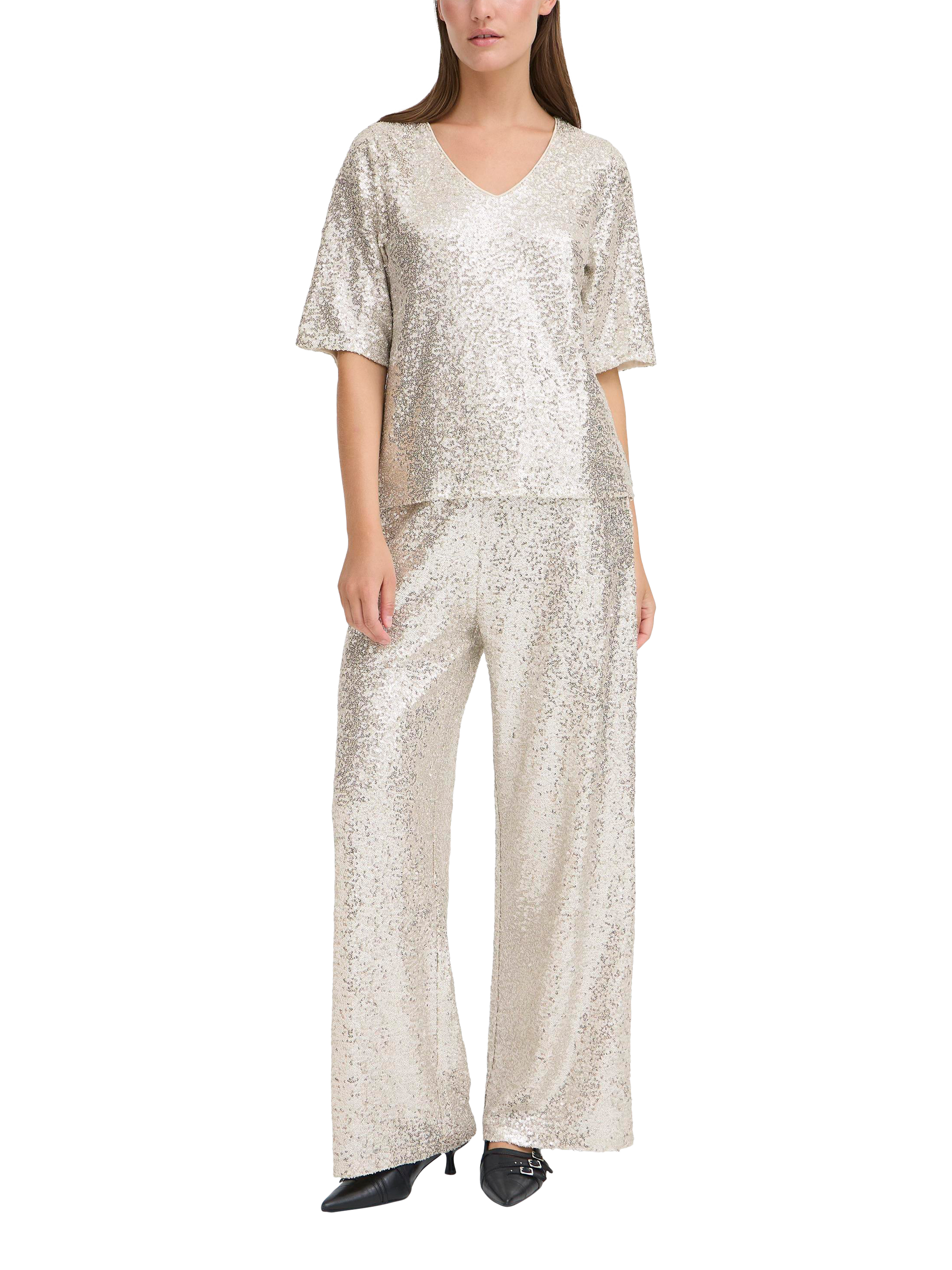 Product image 3 of 7, which shows ICHI Fauca Sequin V-Neck Top , Frosted Almond, XS