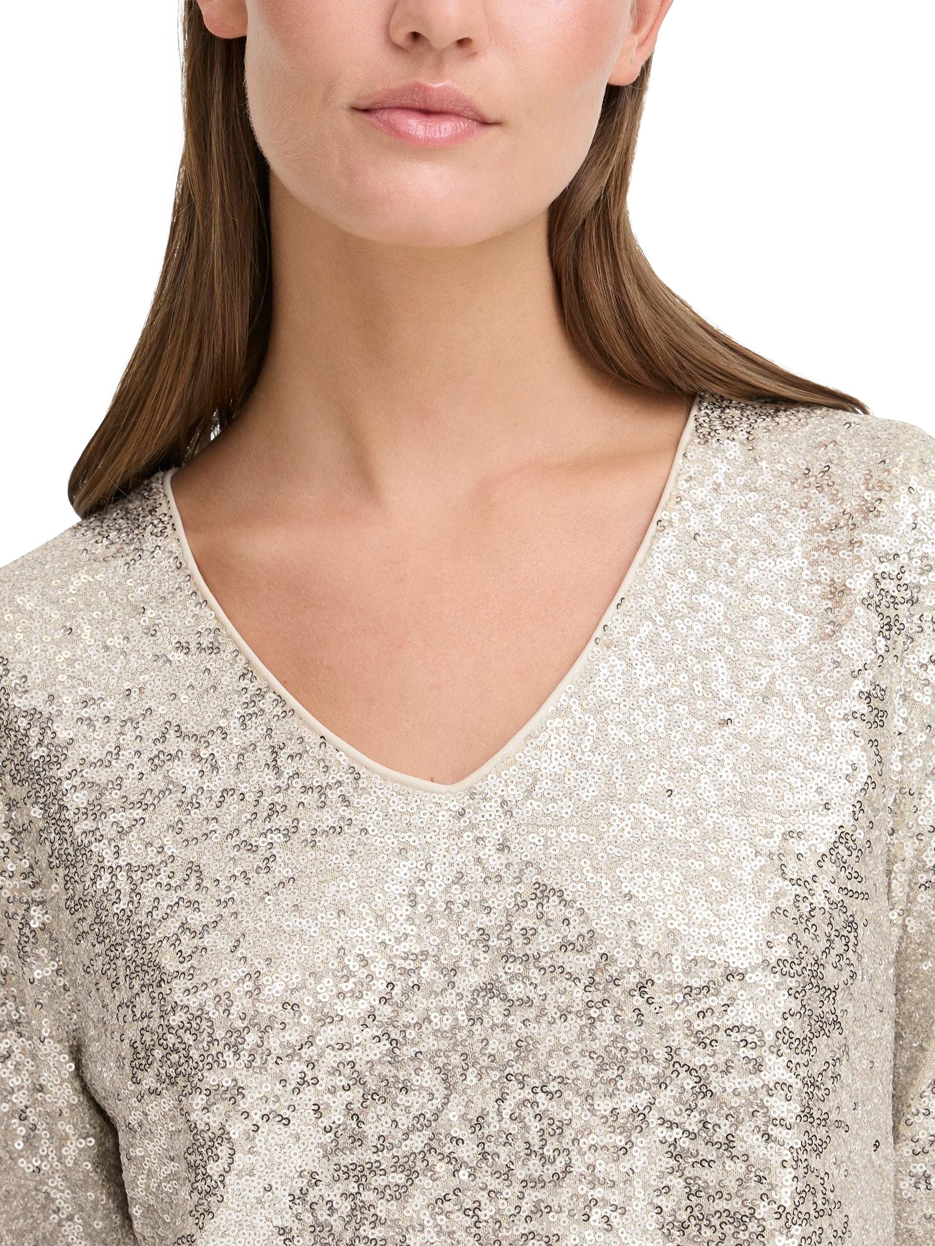 Product image 4 of 7, which shows ICHI Fauca Sequin V-Neck Top , Frosted Almond, XS