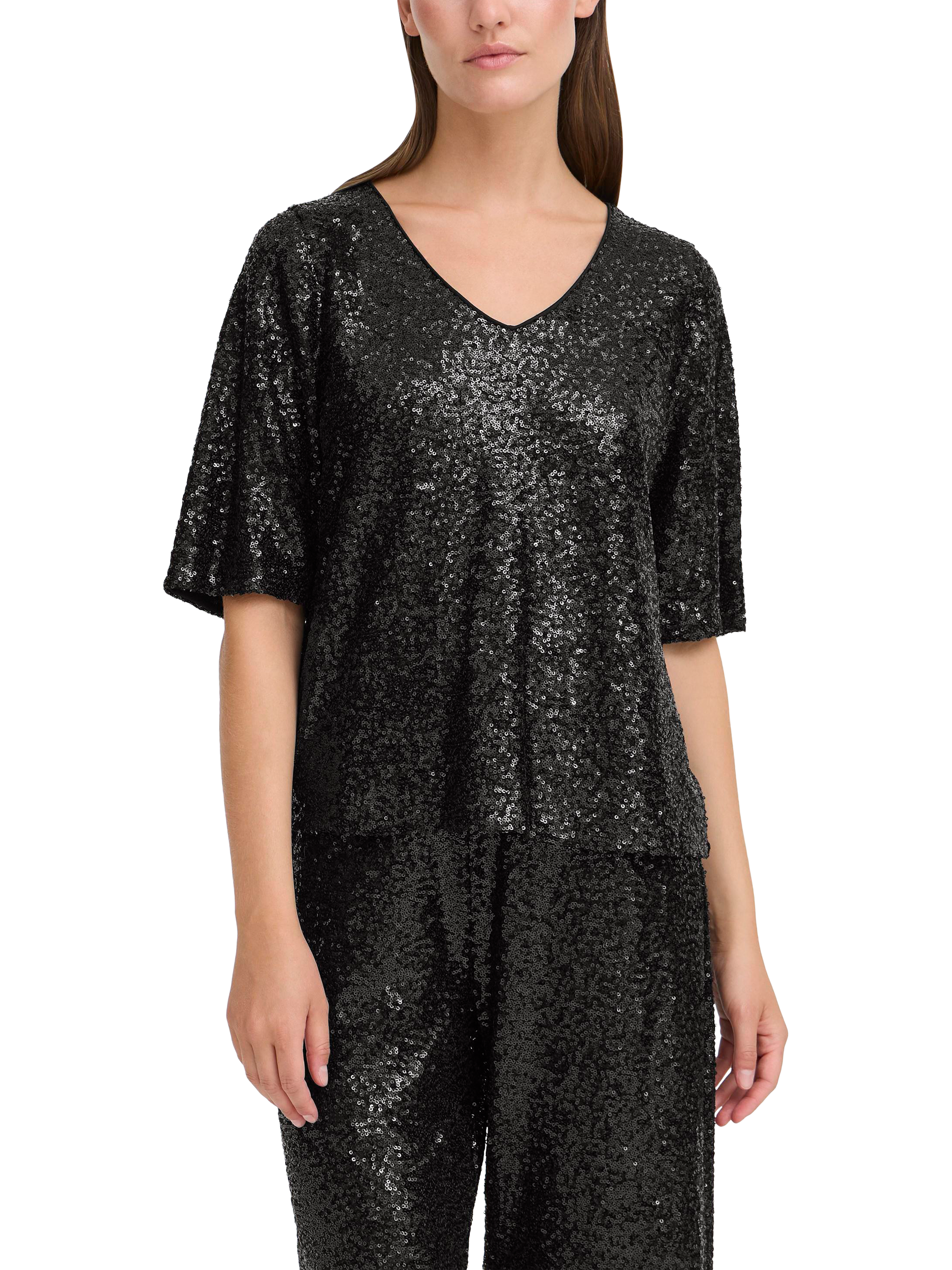 Product image 1 of 7, which shows ICHI Fauca Sequin V-Neck Top , Black, XS