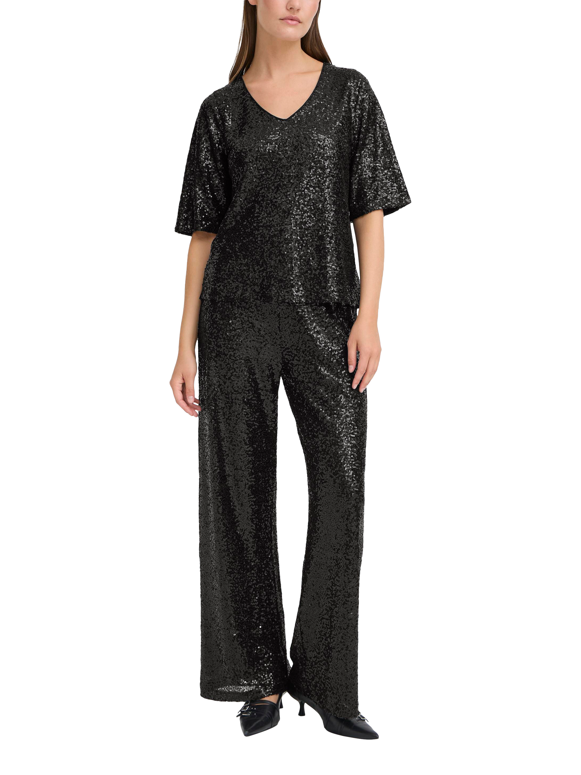 Product image 3 of 7, which shows ICHI Fauca Sequin V-Neck Top , Black, XS