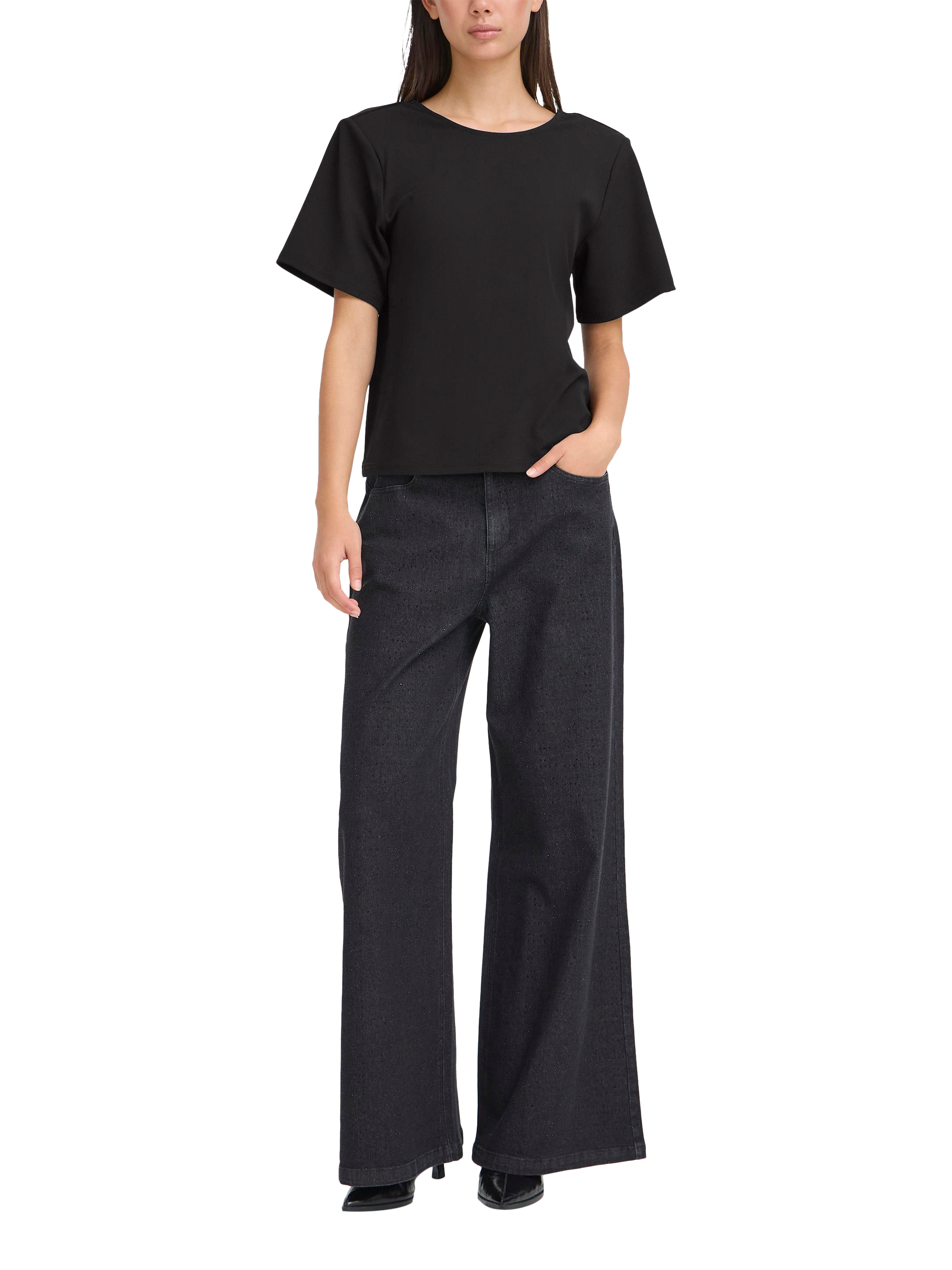 Product image 3 of 6, which shows ICHI Matine Round Neck V Back T-Shirt , Black, XS