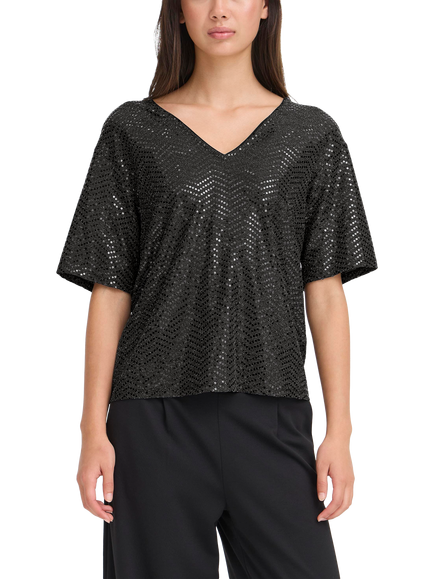 ICHI Nelenia Shimmer V Neck T-Shirt, Black