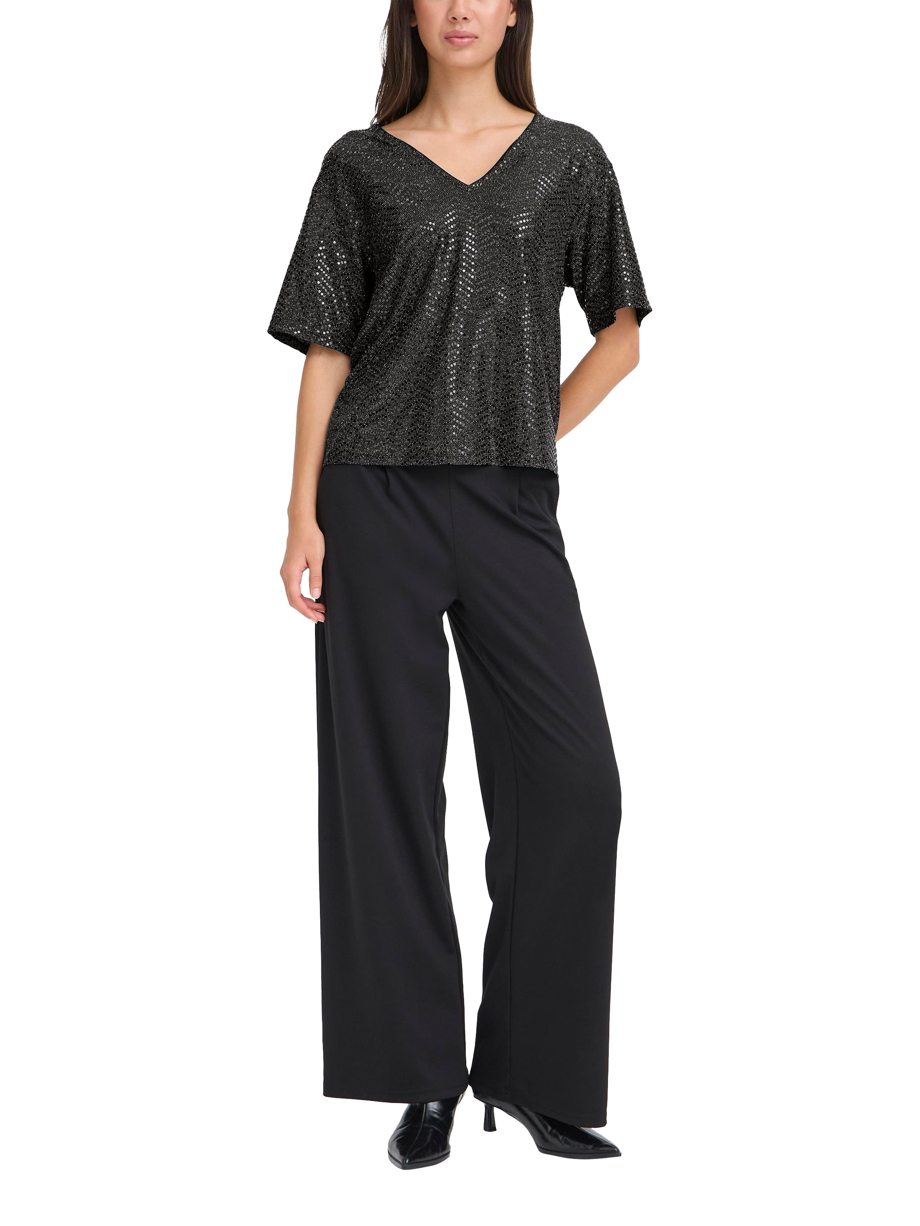 Product image 3 of 6, which shows ICHI Nelenia Shimmer V Neck T-Shirt , Black, XS