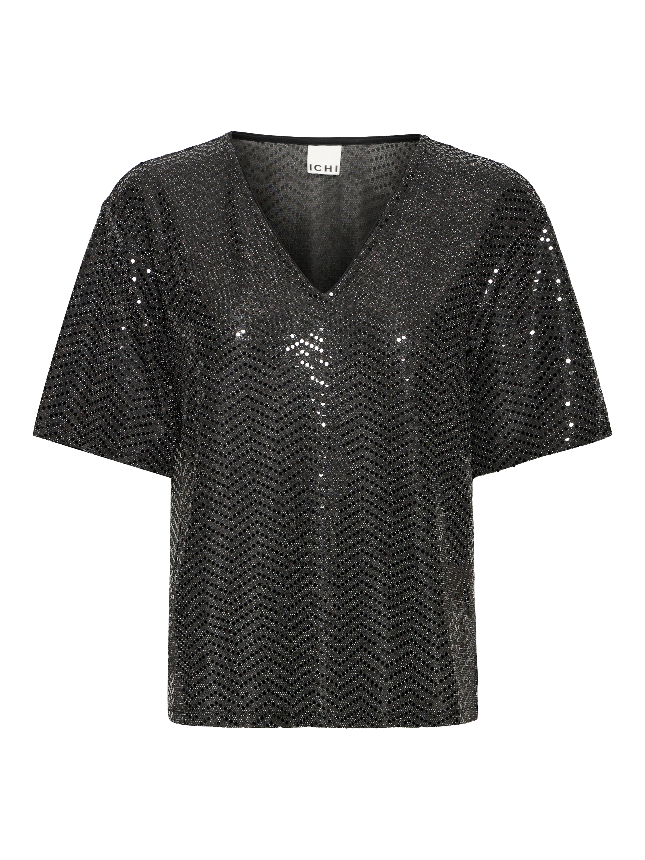 Product image 5 of 6, which shows ICHI Nelenia Shimmer V Neck T-Shirt , Black, XS
