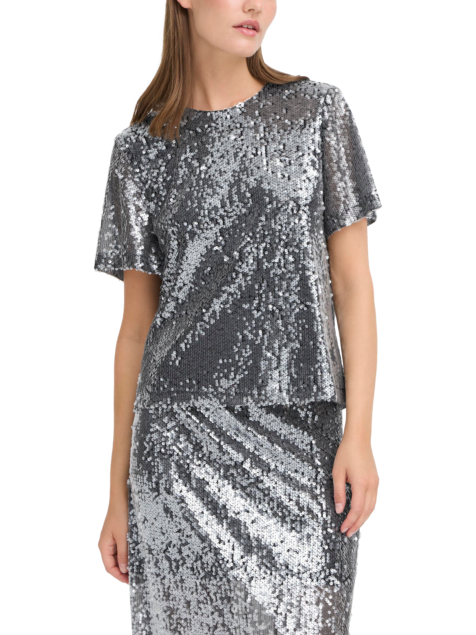 Product image 1 of 7, which shows ICHI Princa Round Neck Sequin T-Shirt , Silver, XS