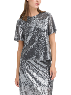 ICHI Princa Round Neck Sequin T-Shirt, Silver