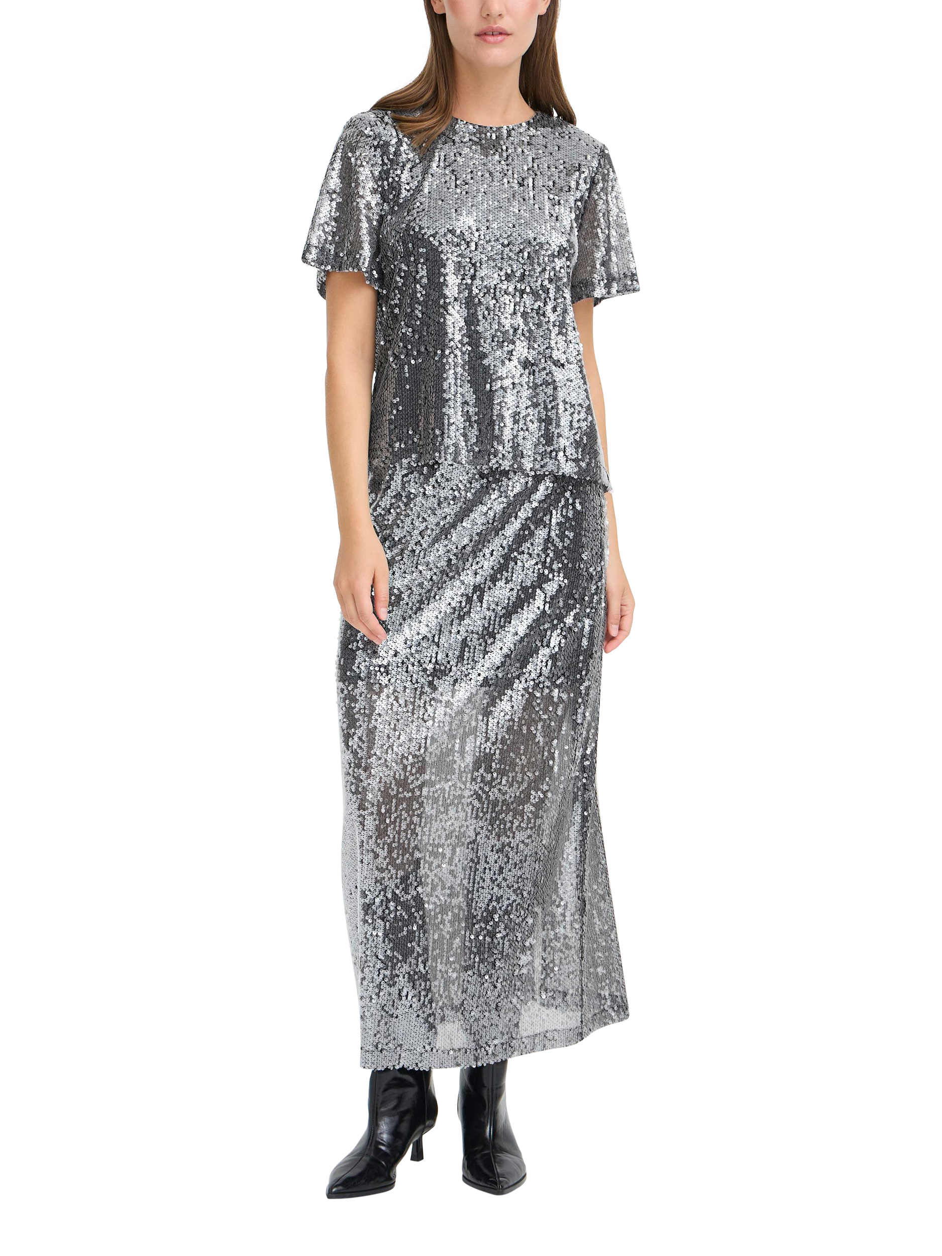 Product image 3 of 7, which shows ICHI Princa Round Neck Sequin T-Shirt , Silver, XS