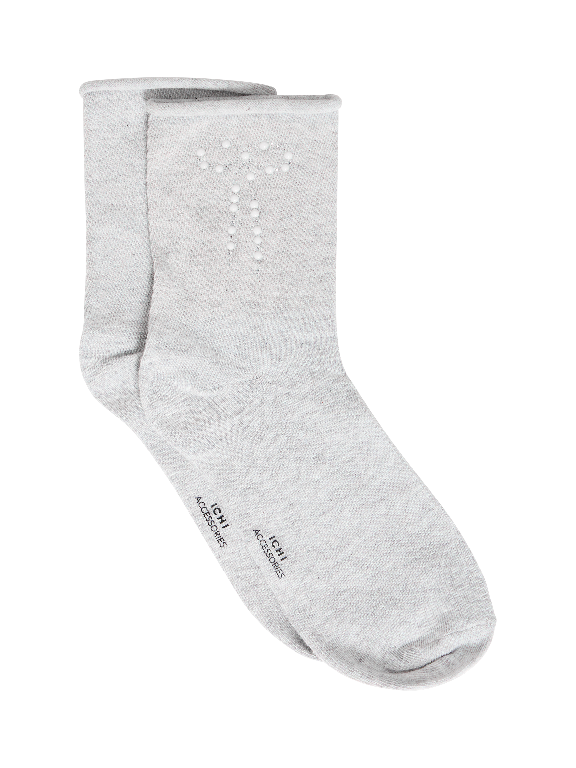 ICHI Banitta Bow Embellished Socks, Light Grey Melange, One Size