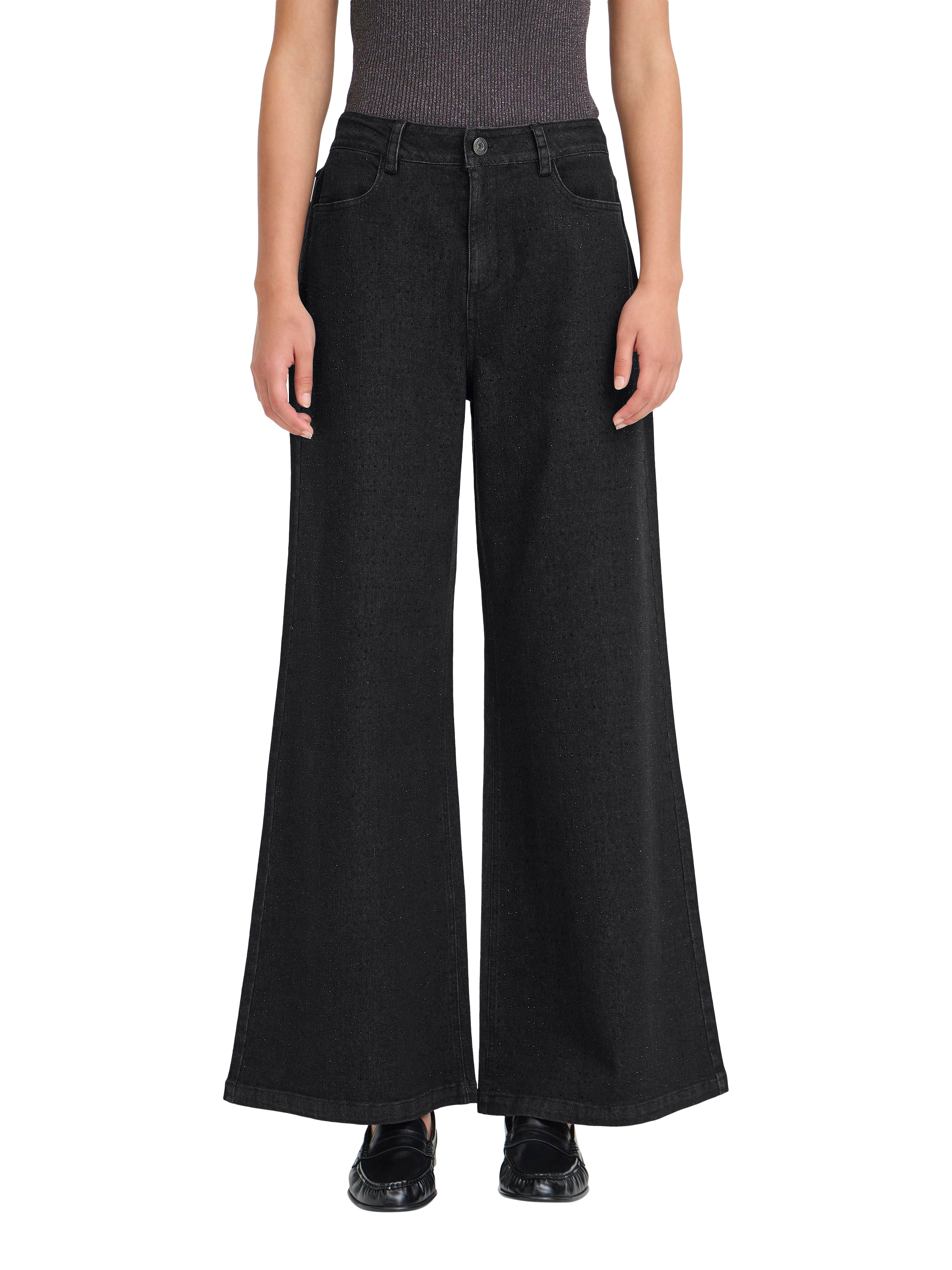 Product image 1 of 7, which shows ICHI Braidy Wide Leg Jeans, Washed Black, 25R